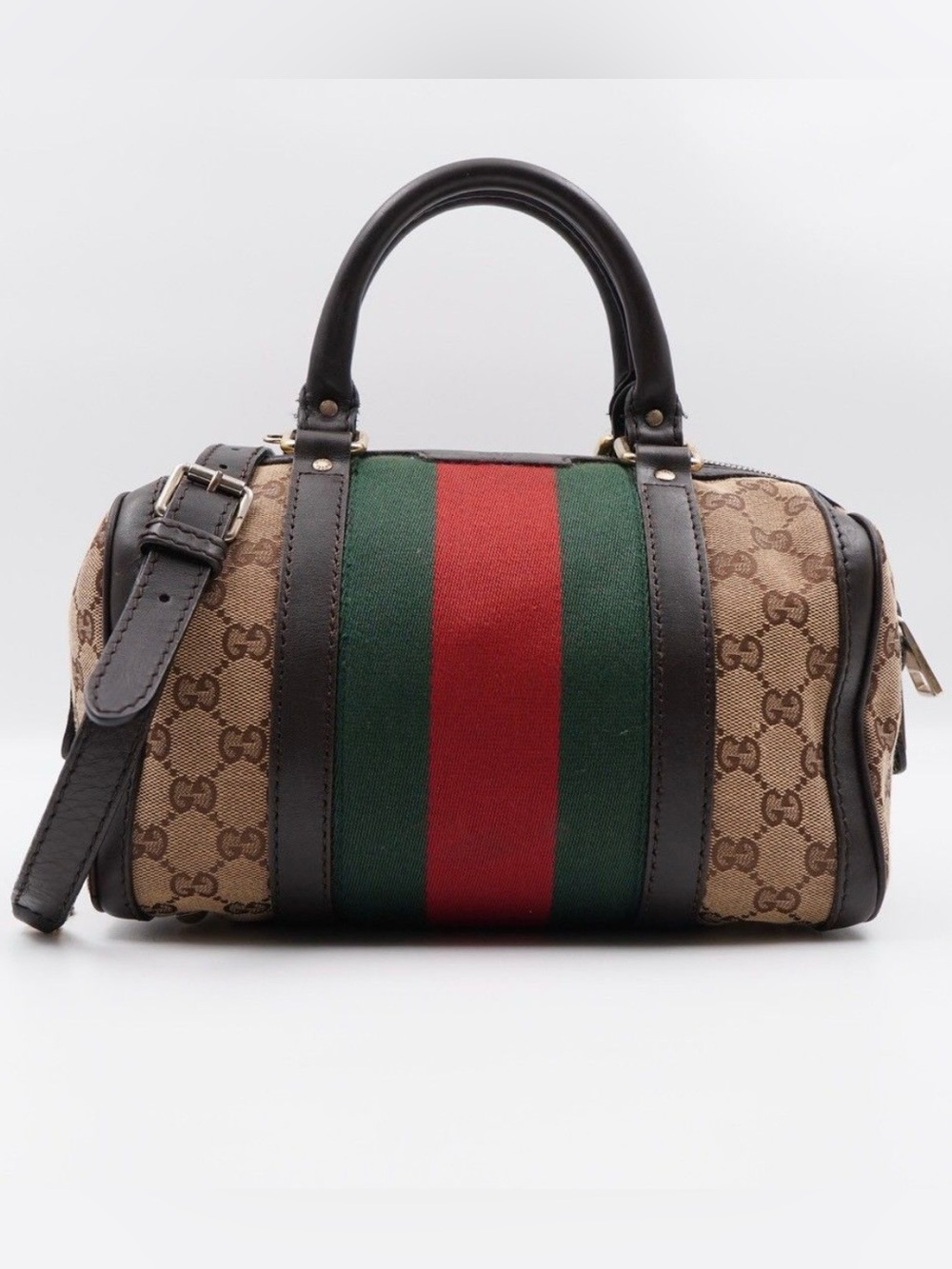 Gucci Brown GG Canvas Boston Bag with Green and Red Stripe
